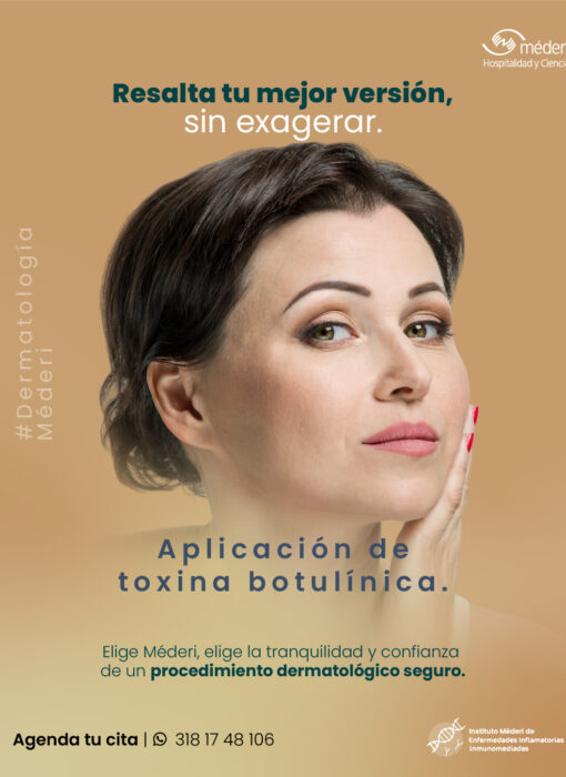 Aplicación de Toxina Botulínica Resalta tu Mejor Versión - Méderi Mujer con expresión natural en campaña institucional sobre aplicación de toxina botulínica en Dermatología Méderi